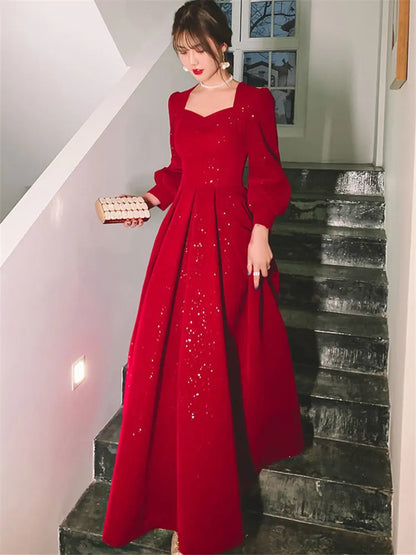 Long Sleeve Curved Neckline Full Dress