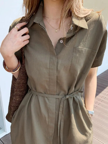 Short-Sleeve Plain Midi Shirt Dress