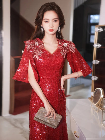 Wine Red Sequin Prom Dresses