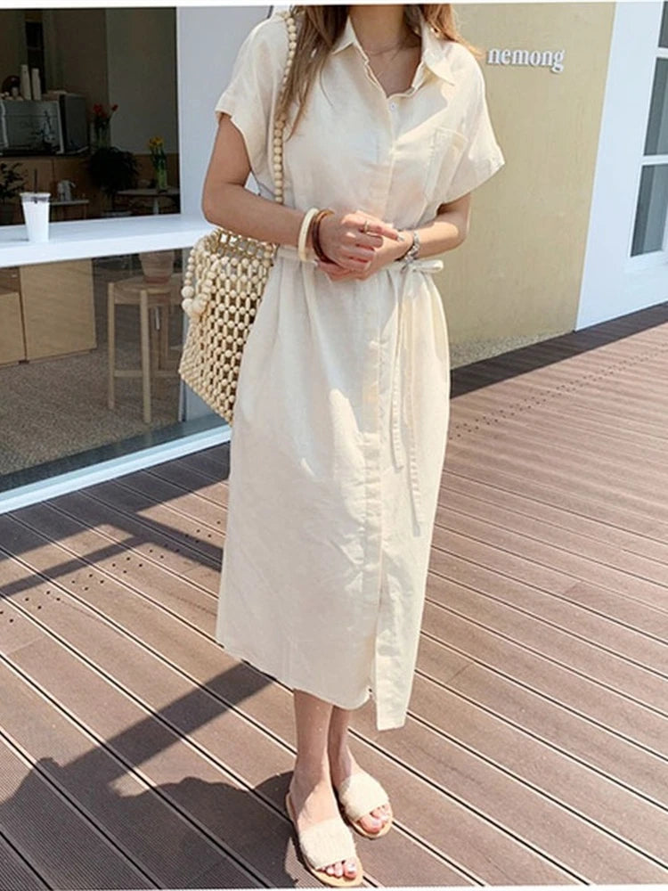 Short-Sleeve Plain Midi Shirt Dress