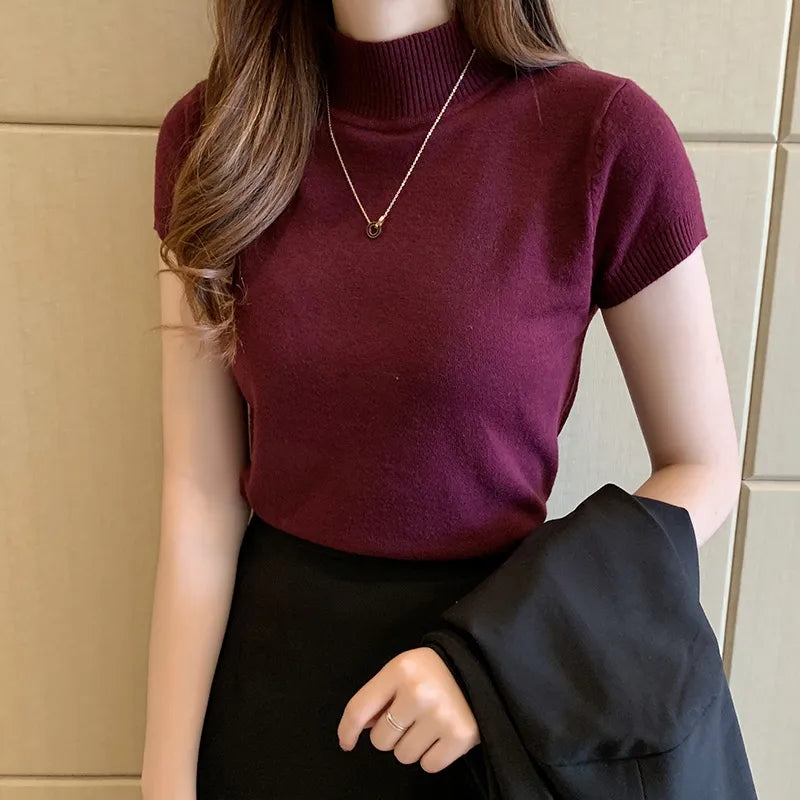 Short Sleeve Mock Neck Plain Knit Top