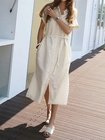 Short-Sleeve Plain Midi Shirt Dress