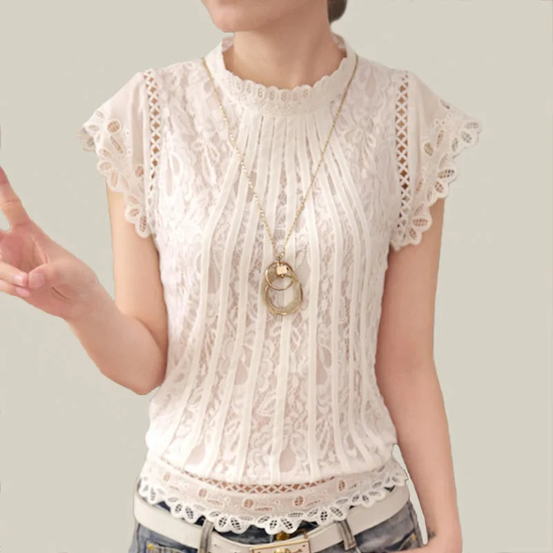 Ladies Short Sleeve White Lace Blouse