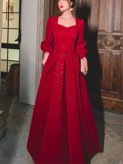 Long Sleeve Curved Neckline Full Dress