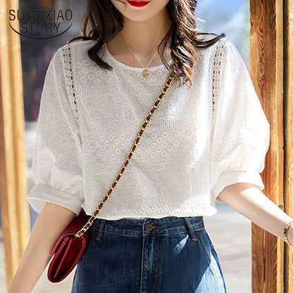Sleeve Crew Neck Lace Plain Crop Blouse