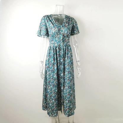 V-Neck Elegant Lace-up Boho French Style Flower Printed Dress