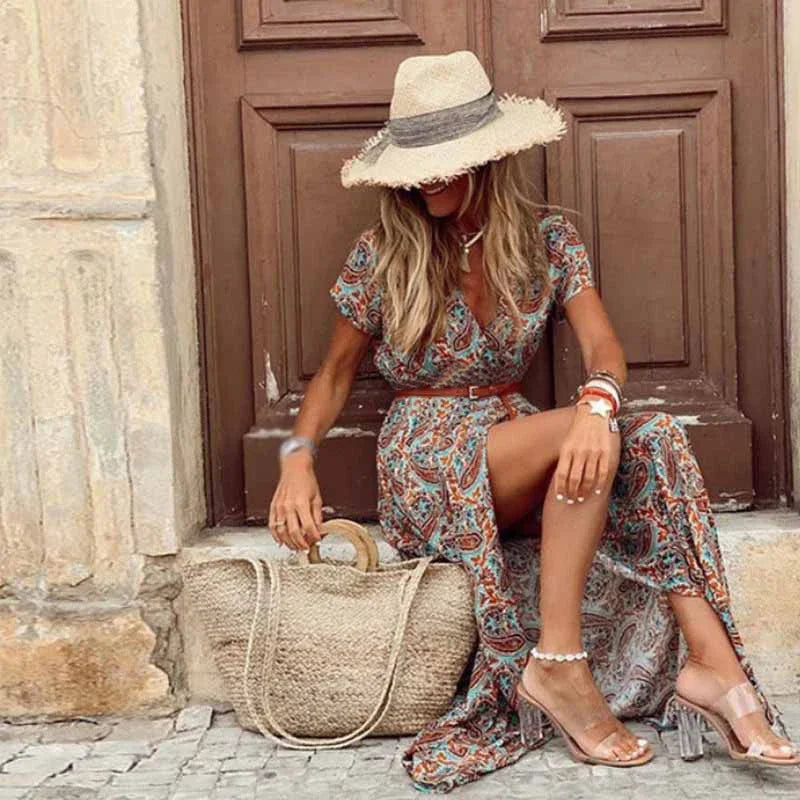Bohemian Style Waist Trimming Printing Maxi Dress