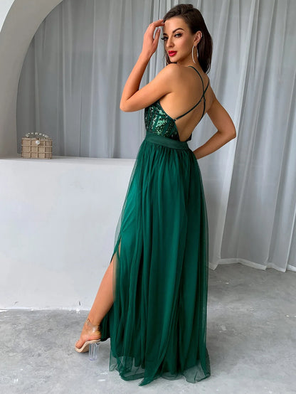 V Neck Backless Green Long Prom Dress