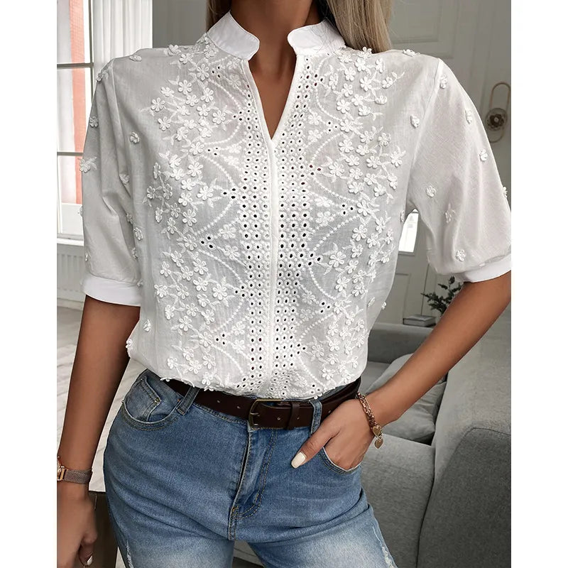Chic Solid Hollow-out V Neck Lace Blouse