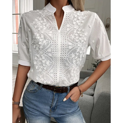Chic Solid Hollow-out V Neck Lace Blouse