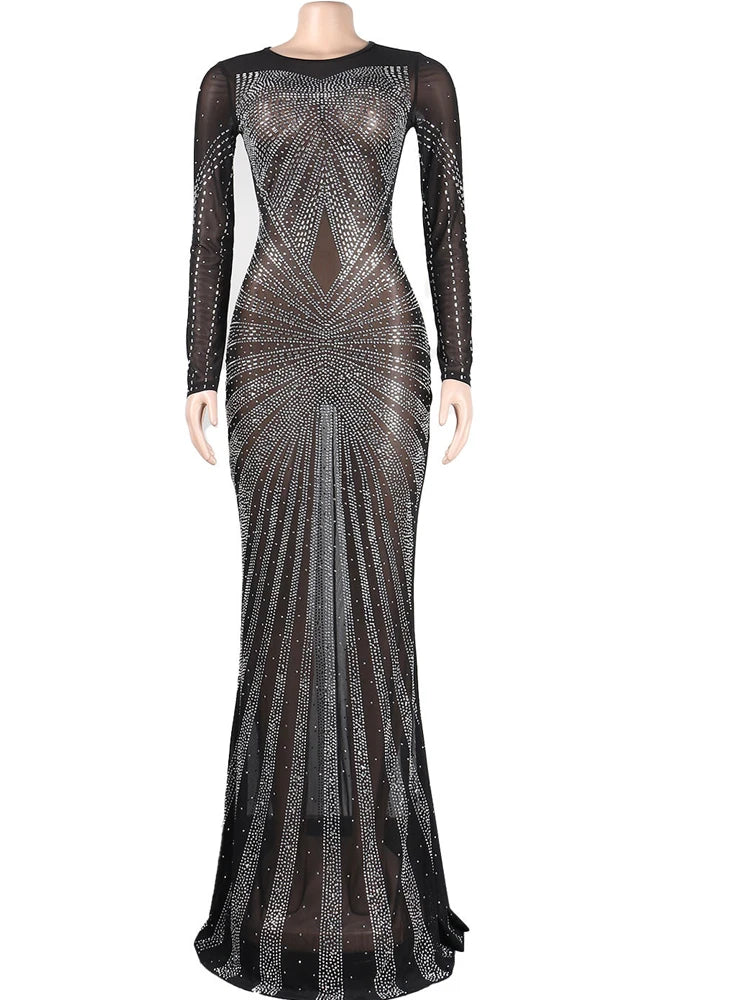Bonnie Forest Gorgeous Sheer Mesh Crystal Maxi Dress