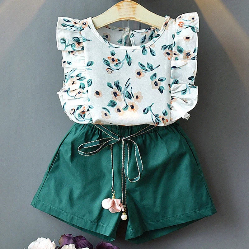 Ruffle Trim Floral Shirt Green Shorts Set