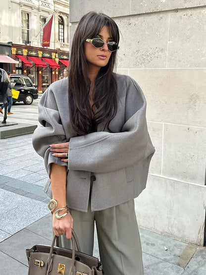 Solid V-Neck Single Breasted Long Sleeved Jacket