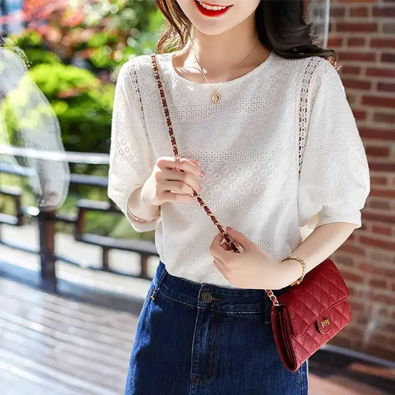 Sleeve Crew Neck Lace Plain Crop Blouse