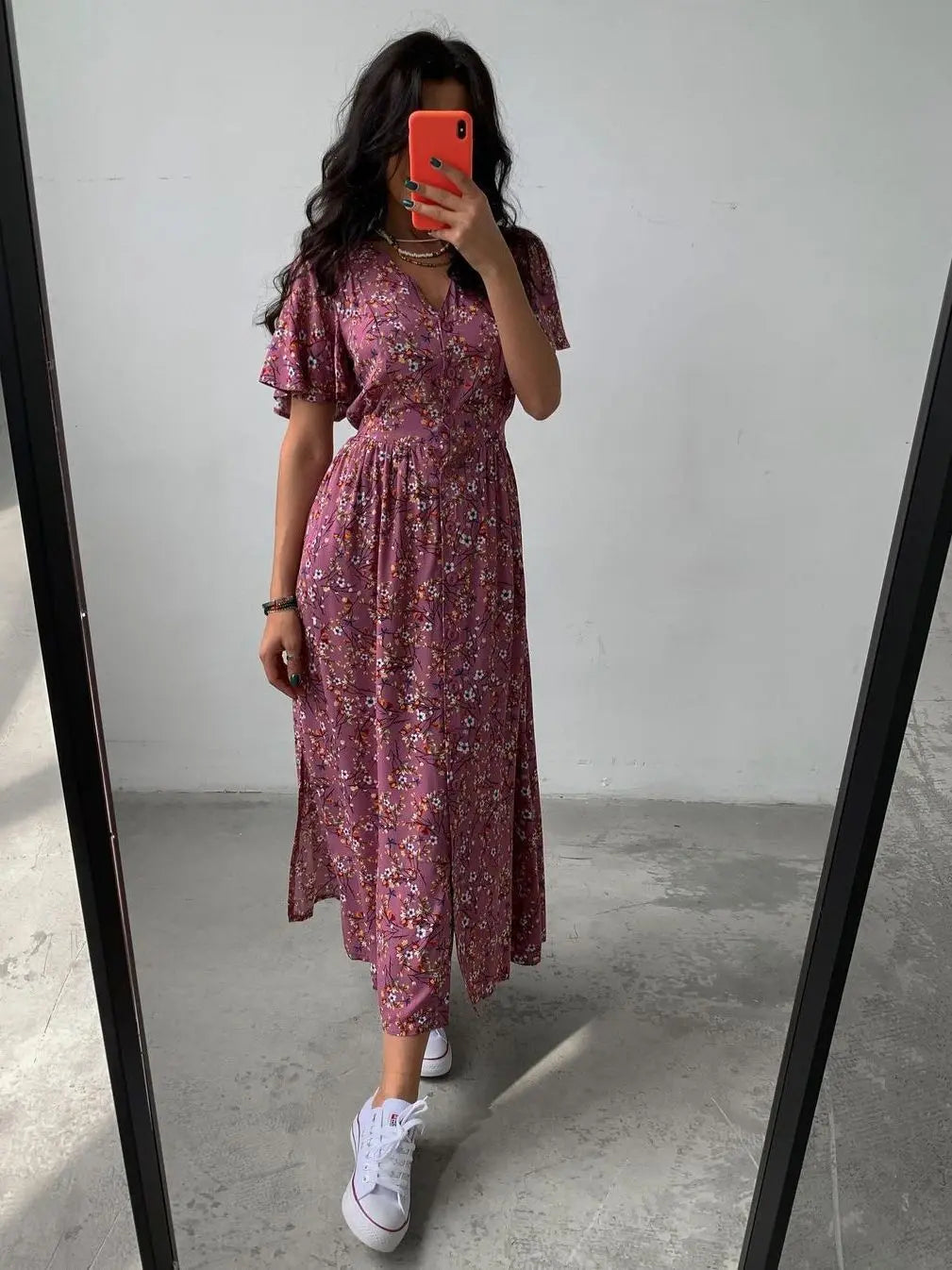 V-Neck Elegant Lace-up Boho French Style Flower Printed Dress