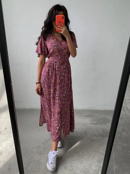 V-Neck Elegant Lace-up Boho French Style Flower Printed Dress