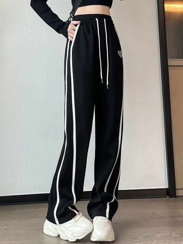 Women's Striped Sweatpants  With Vintage Lace-Up Heart Design