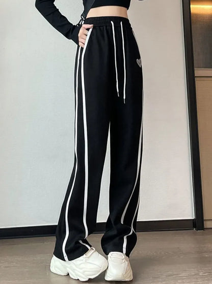 Women's Striped Sweatpants  With Vintage Lace-Up Heart Design
