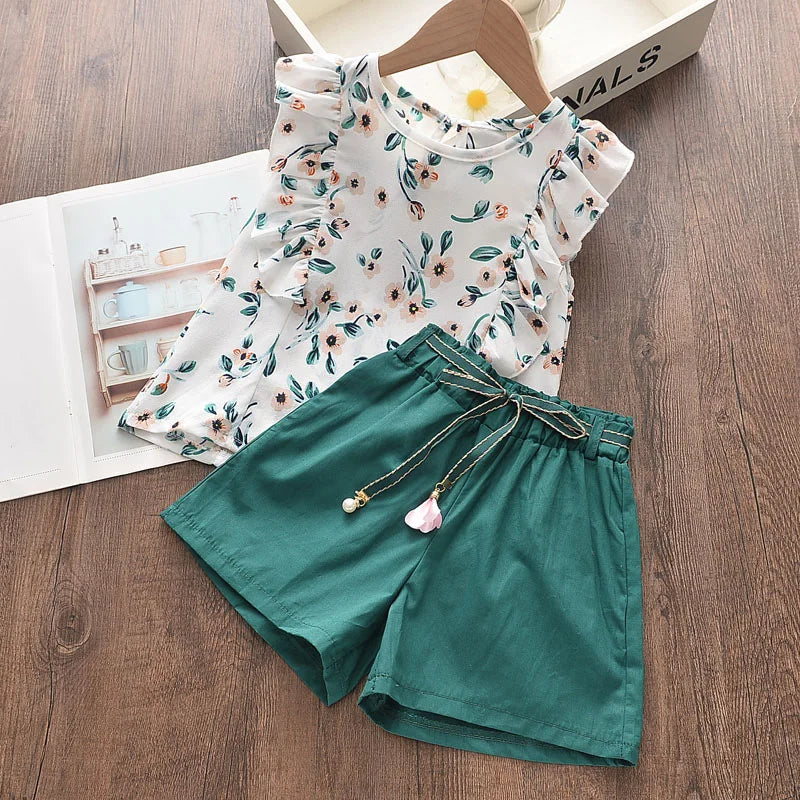 Ruffle Trim Floral Shirt Green Shorts Set