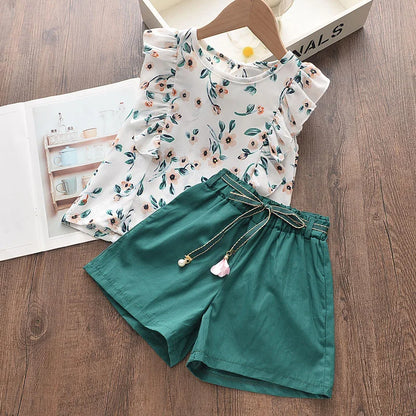 Ruffle Trim Floral Shirt Green Shorts Set