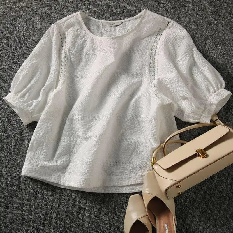 Sleeve Crew Neck Lace Plain Crop Blouse